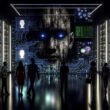 Futuristischer Serverraum mit schwebendem KI-Gesicht und besorgten Geschäftsleuten im Halbdunkel