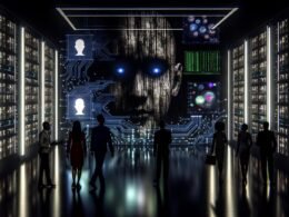 Futuristischer Serverraum mit schwebendem KI-Gesicht und besorgten Geschäftsleuten im Halbdunkel
