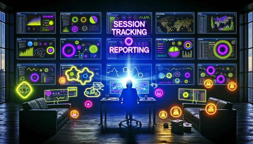 Dunkler, moderner Arbeitsplatz mit mehreren Bildschirmen voller bunter Marketing-Diagramme. Im Mittelpunkt fluoreszierender Schriftzug „Session Tracking Reporting“, Datenikonen wie Cookies, Session-IDs und Sicherheits-Symbole betonen technische und transparente Datenauswertung.
