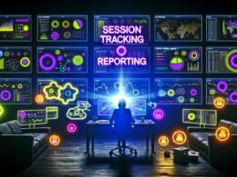 Dunkler, moderner Arbeitsplatz mit mehreren Bildschirmen voller bunter Marketing-Diagramme. Im Mittelpunkt fluoreszierender Schriftzug „Session Tracking Reporting“, Datenikonen wie Cookies, Session-IDs und Sicherheits-Symbole betonen technische und transparente Datenauswertung.