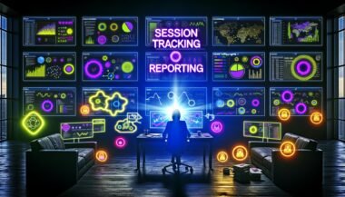 Dunkler, moderner Arbeitsplatz mit mehreren Bildschirmen voller bunter Marketing-Diagramme. Im Mittelpunkt fluoreszierender Schriftzug „Session Tracking Reporting“, Datenikonen wie Cookies, Session-IDs und Sicherheits-Symbole betonen technische und transparente Datenauswertung.