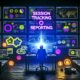 Dunkler, moderner Arbeitsplatz mit mehreren Bildschirmen voller bunter Marketing-Diagramme. Im Mittelpunkt fluoreszierender Schriftzug „Session Tracking Reporting“, Datenikonen wie Cookies, Session-IDs und Sicherheits-Symbole betonen technische und transparente Datenauswertung.