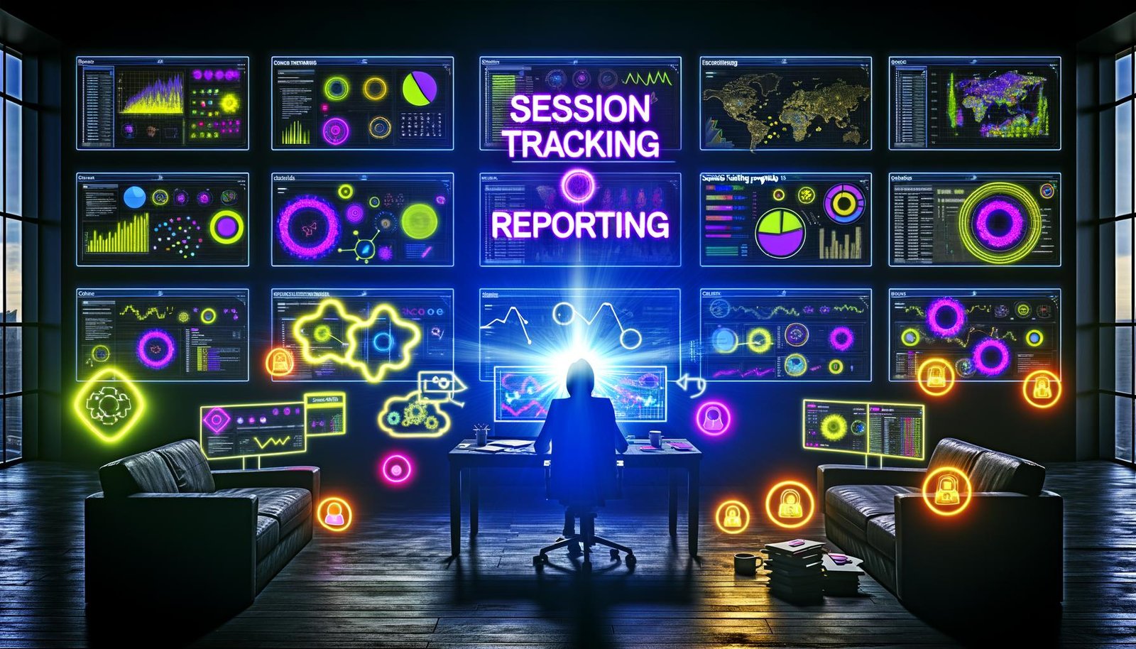 Dunkler, moderner Arbeitsplatz mit mehreren Bildschirmen voller bunter Marketing-Diagramme. Im Mittelpunkt fluoreszierender Schriftzug „Session Tracking Reporting“, Datenikonen wie Cookies, Session-IDs und Sicherheits-Symbole betonen technische und transparente Datenauswertung.