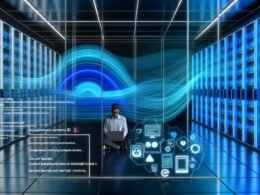 Dynamische Darstellung eines durchsichtigen Serverraums mit leuchtenden Datenströmen, verbundenen Geräten, Consent-Bannern und einer Person mit Laptop vor Analytics-Displays.