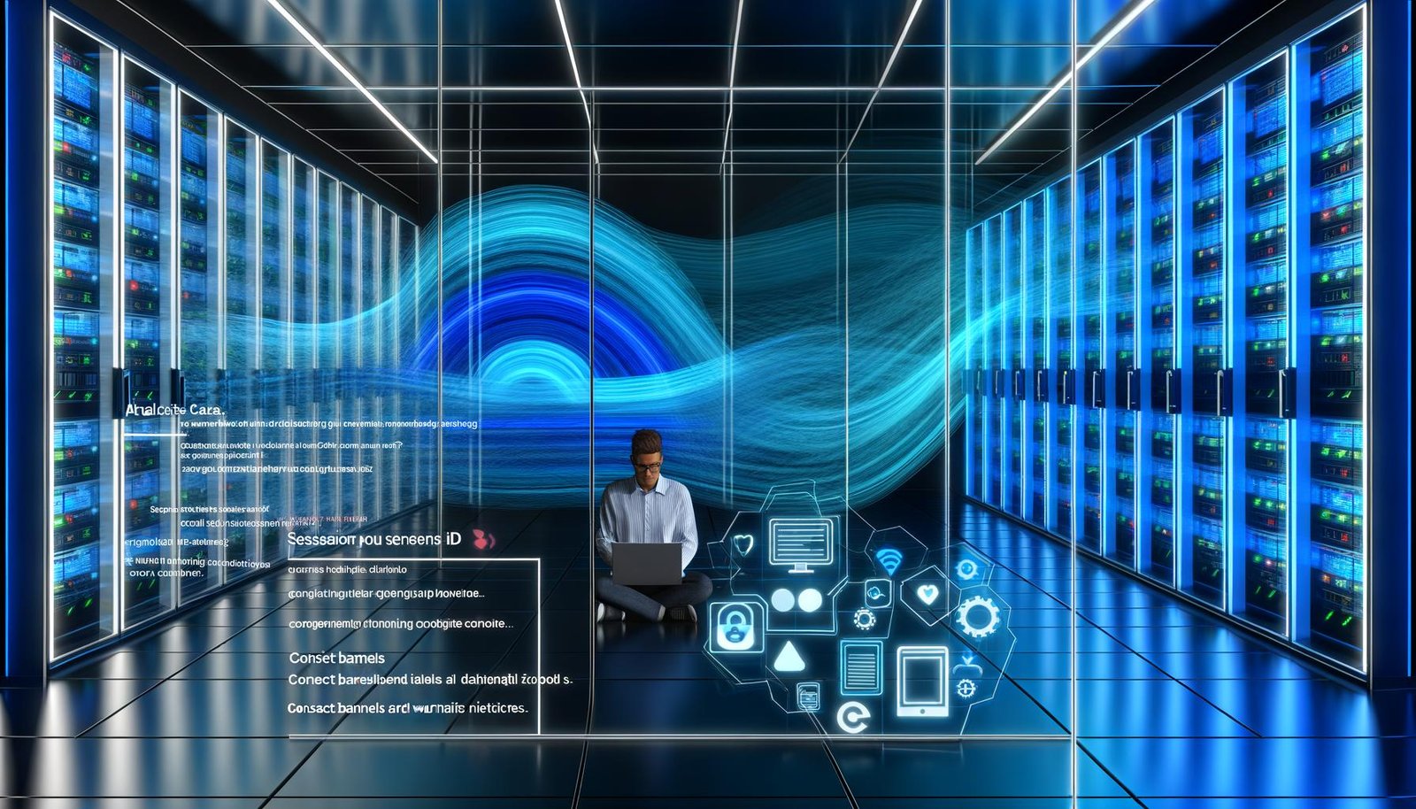Dynamische Darstellung eines durchsichtigen Serverraums mit leuchtenden Datenströmen, verbundenen Geräten, Consent-Bannern und einer Person mit Laptop vor Analytics-Displays.