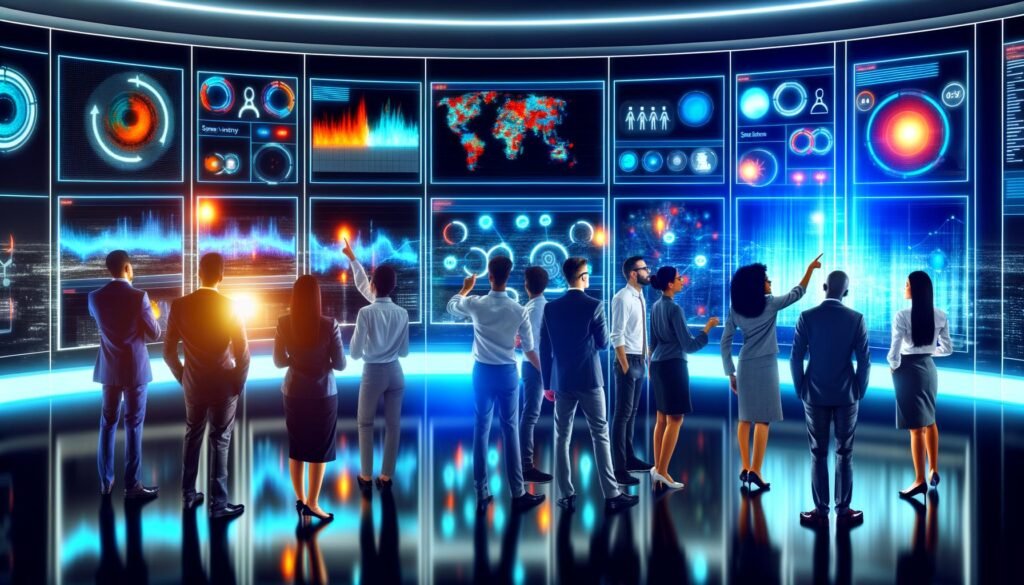 Modernes Datencenter-Kontrollraum mit großen Displays, die Heatmaps, User Journeys und Echtzeit-Analysedaten zeigen, während Analysten zusammenarbeiten.