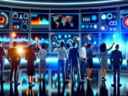 Modernes Datencenter-Kontrollraum mit großen Displays, die Heatmaps, User Journeys und Echtzeit-Analysedaten zeigen, während Analysten zusammenarbeiten.