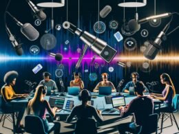 Modernes, dynamisches Podcast-Studio mit Mikrofonen, Kopfhörern, großen Monitoren, Voice-Search-Geräten und einem vielfältigen Team bei der Audiobearbeitung.