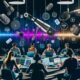 Modernes, dynamisches Podcast-Studio mit Mikrofonen, Kopfhörern, großen Monitoren, Voice-Search-Geräten und einem vielfältigen Team bei der Audiobearbeitung.