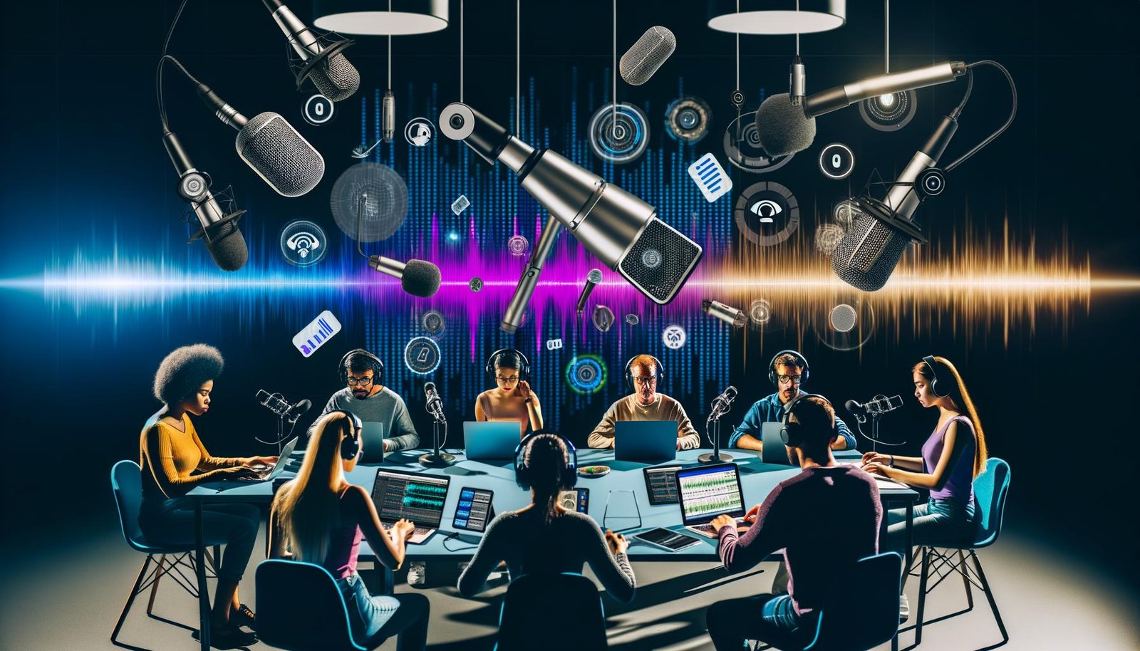Modernes, dynamisches Podcast-Studio mit Mikrofonen, Kopfhörern, großen Monitoren, Voice-Search-Geräten und einem vielfältigen Team bei der Audiobearbeitung.