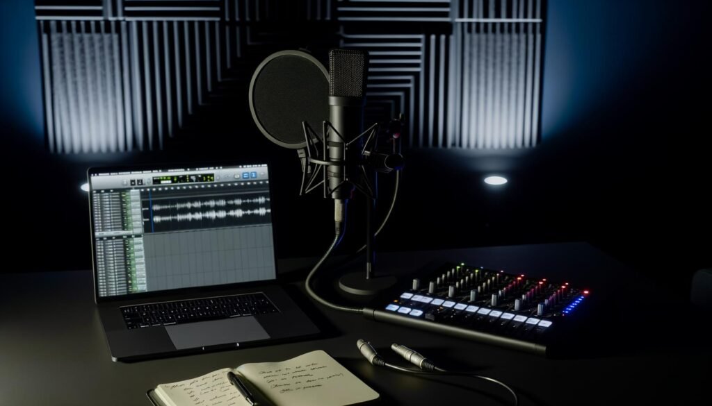 Minimalistisches Musikstudio mit Kondensatormikrofon, Audio-Interface, XLR-Kabel, Laptop mit DAW und Notizbuch vor schallabsorbierenden Wänden