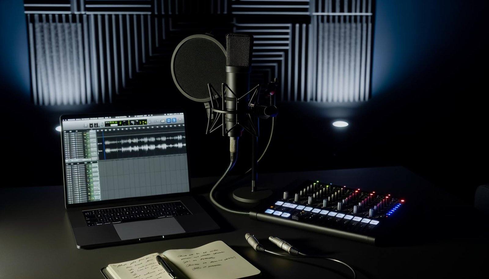 Minimalistisches Musikstudio mit Kondensatormikrofon, Audio-Interface, XLR-Kabel, Laptop mit DAW und Notizbuch vor schallabsorbierenden Wänden