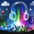 Stilisierte digitale Skyline mit transparentem 3D-Kopfhörer, farbigen Audiowellen, Augmented-Reality-Elementen und Smartphone-Nutzern mit Soundpunkten.