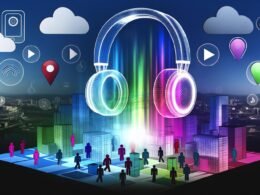 Stilisierte digitale Skyline mit transparentem 3D-Kopfhörer, farbigen Audiowellen, Augmented-Reality-Elementen und Smartphone-Nutzern mit Soundpunkten.