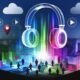 Stilisierte digitale Skyline mit transparentem 3D-Kopfhörer, farbigen Audiowellen, Augmented-Reality-Elementen und Smartphone-Nutzern mit Soundpunkten.