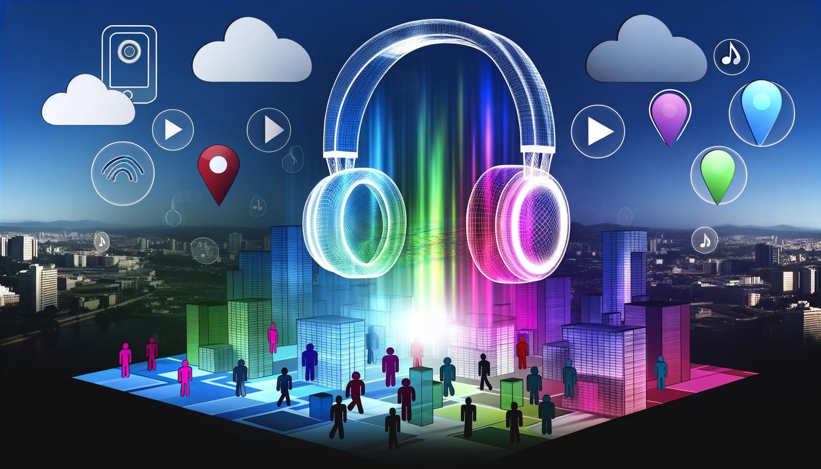 Stilisierte digitale Skyline mit transparentem 3D-Kopfhörer, farbigen Audiowellen, Augmented-Reality-Elementen und Smartphone-Nutzern mit Soundpunkten.