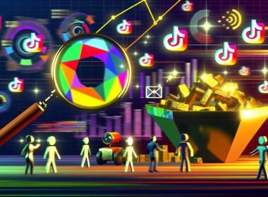 Abstraktes Titelbild einer digitalen Goldmine mit Social-Media-Icons, glänzenden Influencer-Avataren und Data-Dashboards. Eine Lupe hebt Pappmaché- und Roboter-Influencer hervor.