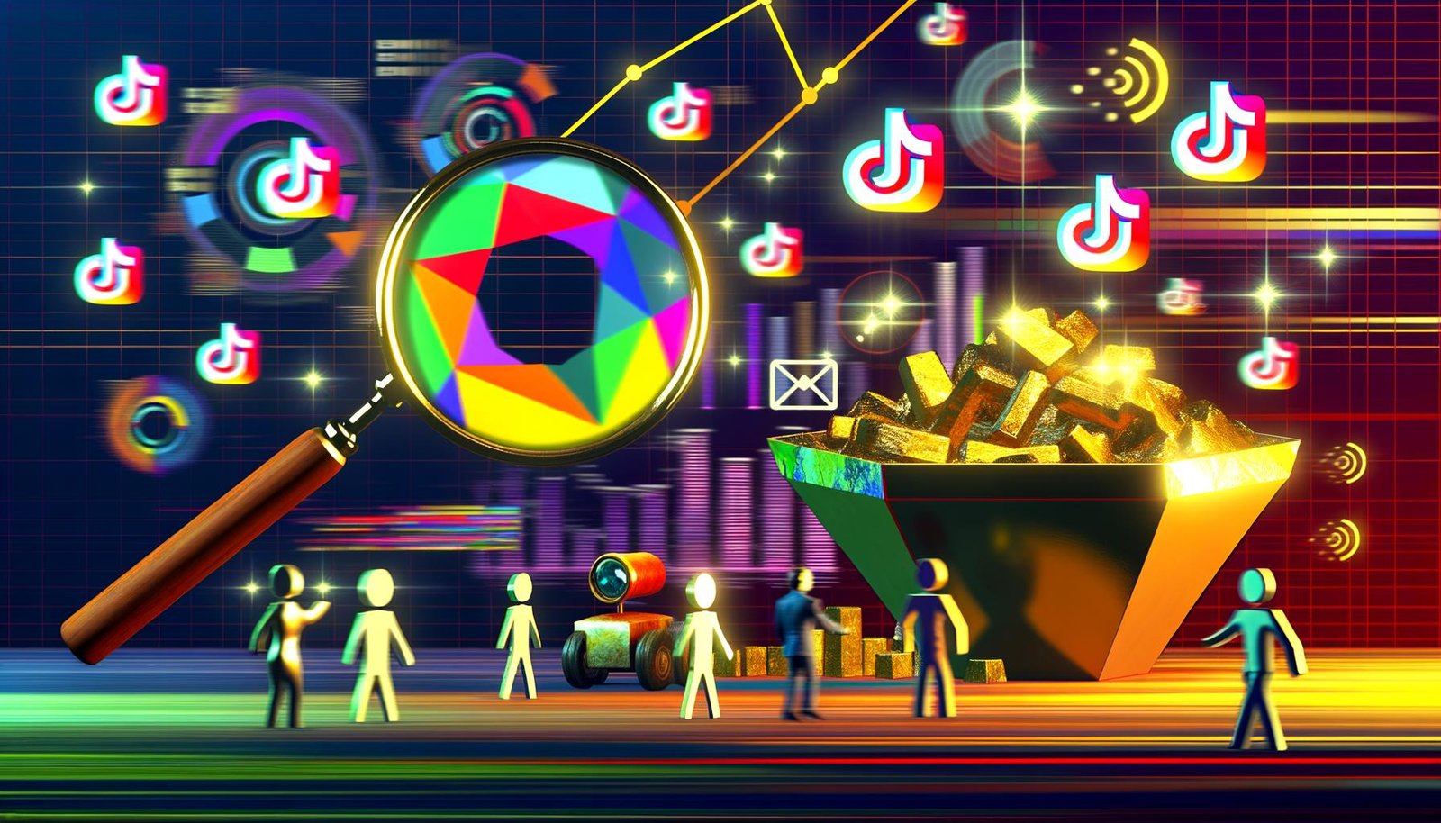 Abstraktes Titelbild einer digitalen Goldmine mit Social-Media-Icons, glänzenden Influencer-Avataren und Data-Dashboards. Eine Lupe hebt Pappmaché- und Roboter-Influencer hervor.