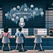 Modernes Redaktionsbüro mit Monitoren, auf denen Audio-Wellenformen und KI-generierte Workflows sichtbar sind. Zwei Personen nutzen ein Whiteboard mit einer Anchor Audio GPT Workflow Checkliste, umgeben von Podcast-Mikrofonen und Kopfhörern.