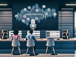 Modernes Redaktionsbüro mit Monitoren, auf denen Audio-Wellenformen und KI-generierte Workflows sichtbar sind. Zwei Personen nutzen ein Whiteboard mit einer Anchor Audio GPT Workflow Checkliste, umgeben von Podcast-Mikrofonen und Kopfhörern.