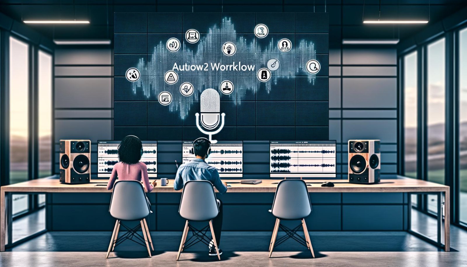 Modernes Redaktionsbüro mit Monitoren, auf denen Audio-Wellenformen und KI-generierte Workflows sichtbar sind. Zwei Personen nutzen ein Whiteboard mit einer Anchor Audio GPT Workflow Checkliste, umgeben von Podcast-Mikrofonen und Kopfhörern.