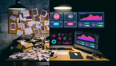 Vergleich zwischen chaotischem, veralteten Influencer-Tracking mit Papier und Notizen links und modernen, digitalen Dashboards mit Echtzeitdaten und Warnhinweisen rechts in einem schwach beleuchteten Büro.
