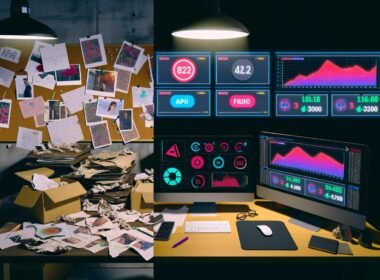 Vergleich zwischen chaotischem, veralteten Influencer-Tracking mit Papier und Notizen links und modernen, digitalen Dashboards mit Echtzeitdaten und Warnhinweisen rechts in einem schwach beleuchteten Büro.