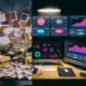 Vergleich zwischen chaotischem, veralteten Influencer-Tracking mit Papier und Notizen links und modernen, digitalen Dashboards mit Echtzeitdaten und Warnhinweisen rechts in einem schwach beleuchteten Büro.