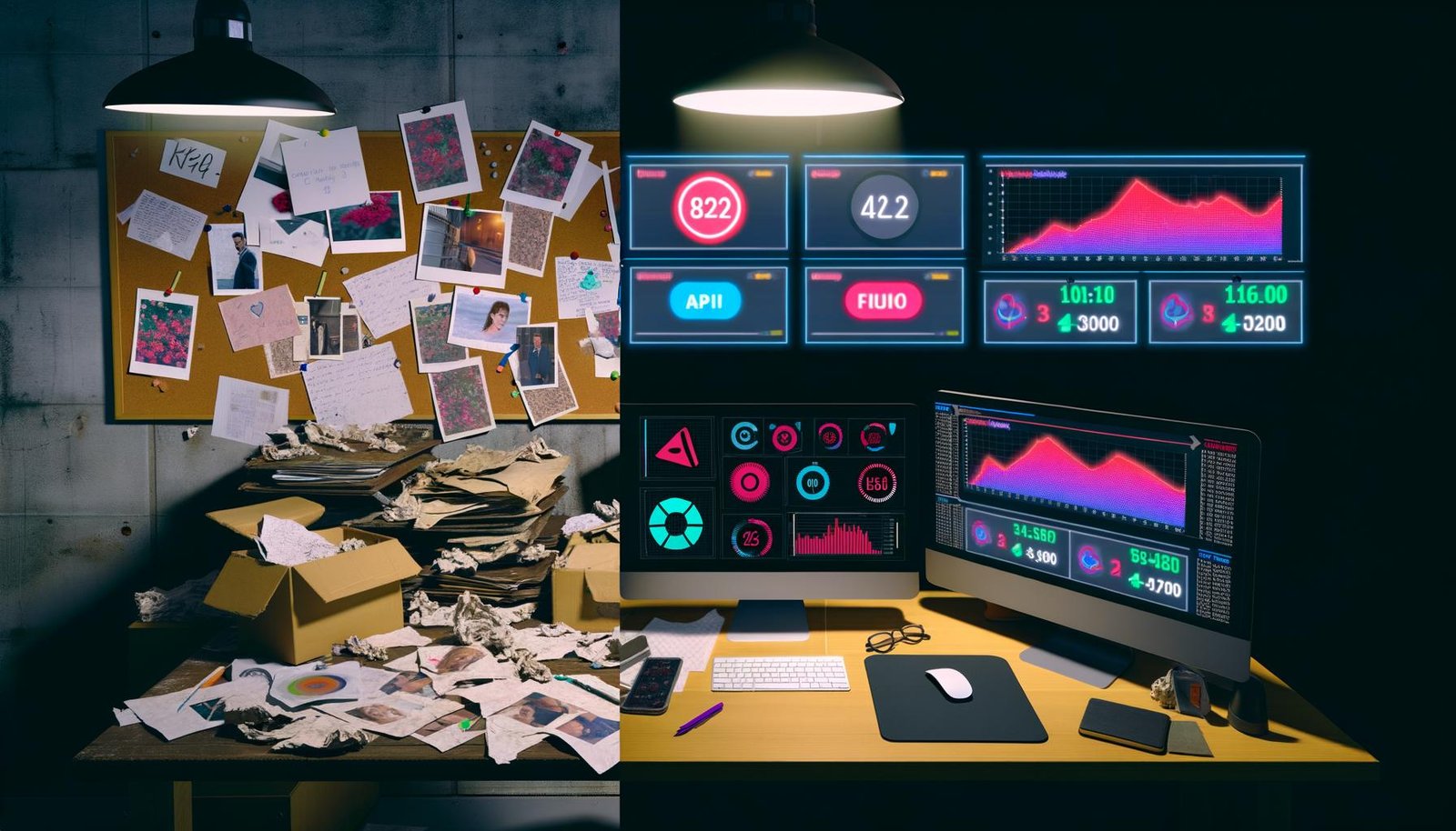 Vergleich zwischen chaotischem, veralteten Influencer-Tracking mit Papier und Notizen links und modernen, digitalen Dashboards mit Echtzeitdaten und Warnhinweisen rechts in einem schwach beleuchteten Büro.