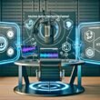 Futuristisches, clean gestaltetes Podcast-Studio mit moderner Ausrüstung, holographischen Analysedisplays und Logos von Spotify und Anchor.