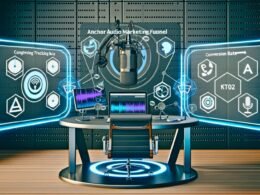 Futuristisches, clean gestaltetes Podcast-Studio mit moderner Ausrüstung, holographischen Analysedisplays und Logos von Spotify und Anchor.