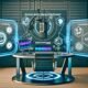 Futuristisches, clean gestaltetes Podcast-Studio mit moderner Ausrüstung, holographischen Analysedisplays und Logos von Spotify und Anchor.