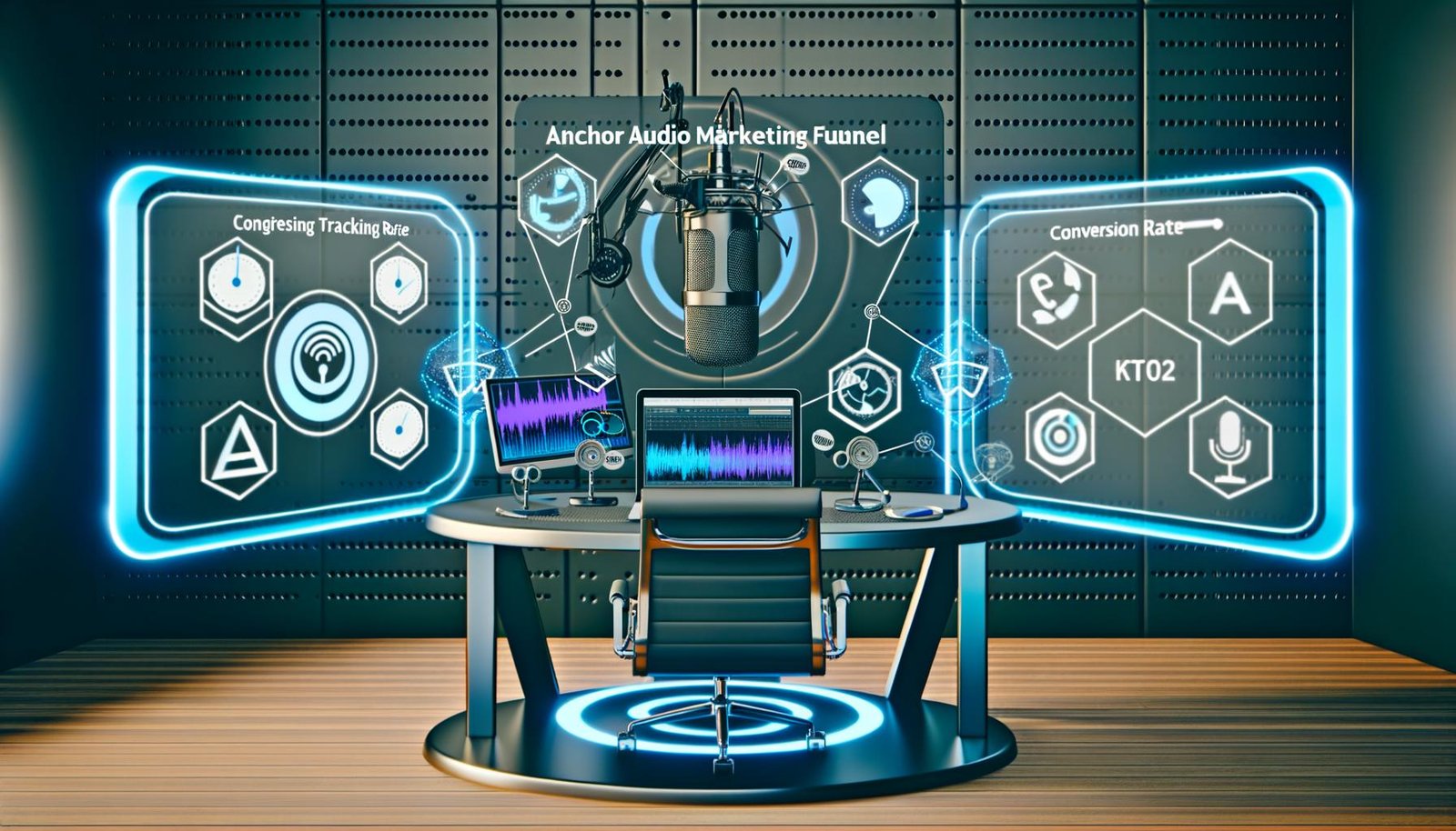 Futuristisches, clean gestaltetes Podcast-Studio mit moderner Ausrüstung, holographischen Analysedisplays und Logos von Spotify und Anchor.