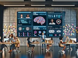 Futuristisches Büro mit großen Monitoren für datenbasierte Social-Media-Analysen, diverse Marketer an Laptops, AI-Grafiken an der Wand.