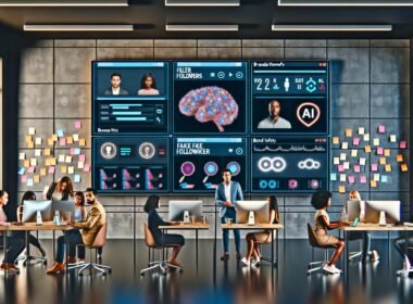 Futuristisches Büro mit großen Monitoren für datenbasierte Social-Media-Analysen, diverse Marketer an Laptops, AI-Grafiken an der Wand.