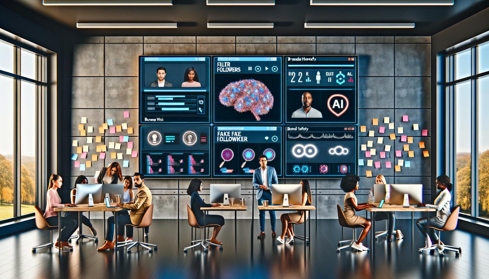 Futuristisches Büro mit großen Monitoren für datenbasierte Social-Media-Analysen, diverse Marketer an Laptops, AI-Grafiken an der Wand.