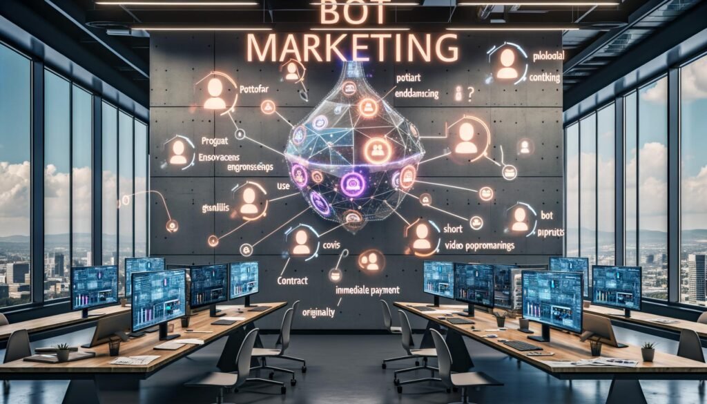 Digitaler Workspace mit Marketer, bunten Dashboards, Influencer-Profilen, Automatisierungen und Tools für effektives Kampagnenmanagement
