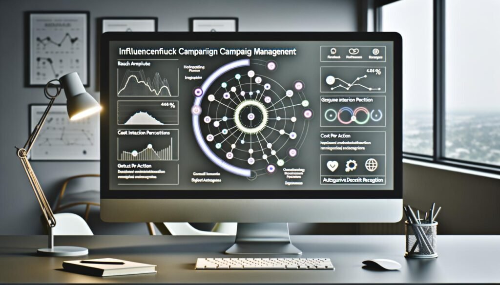 Moderner Arbeitsplatz mit Monitor, der ein datenreiches Dashboard für Influencer-Kampagnen und Social Media Integration zeigt