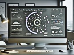 Moderner Arbeitsplatz mit Monitor, der ein datenreiches Dashboard für Influencer-Kampagnen und Social Media Integration zeigt