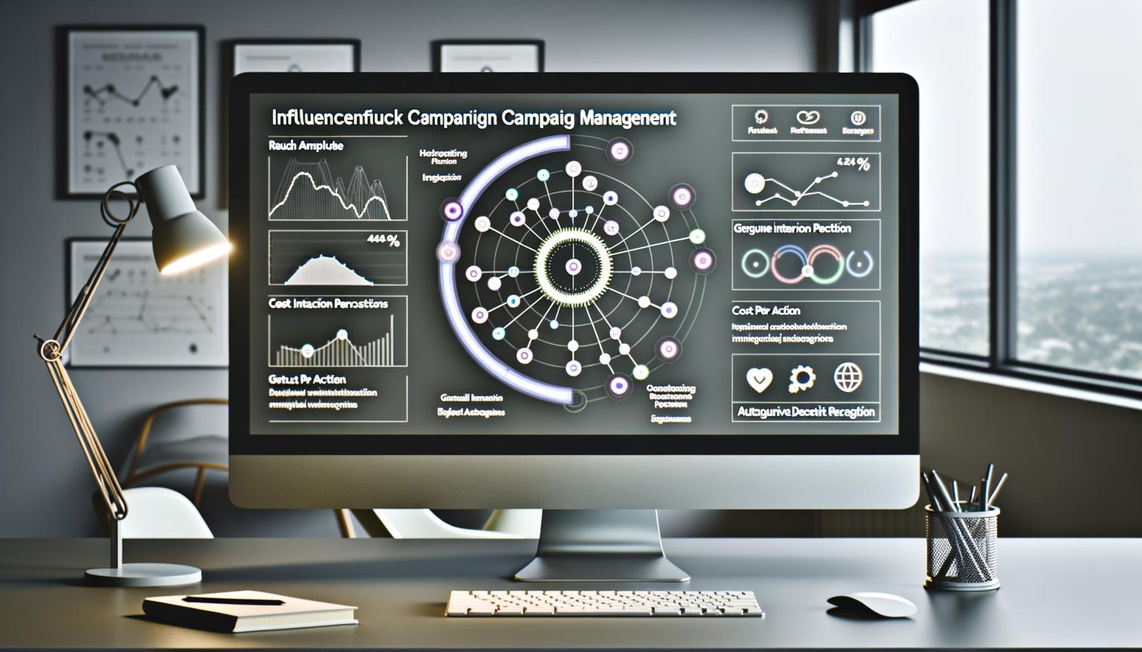 Moderner Arbeitsplatz mit Monitor, der ein datenreiches Dashboard für Influencer-Kampagnen und Social Media Integration zeigt