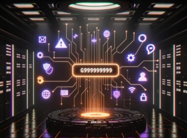Digitales Maschinenraum-Szenario mit schwebender Session-ID, umgeben von Datenströmen, Tracking-Symbolen, Browser-Logos und Datenschutz-Hinweisen.