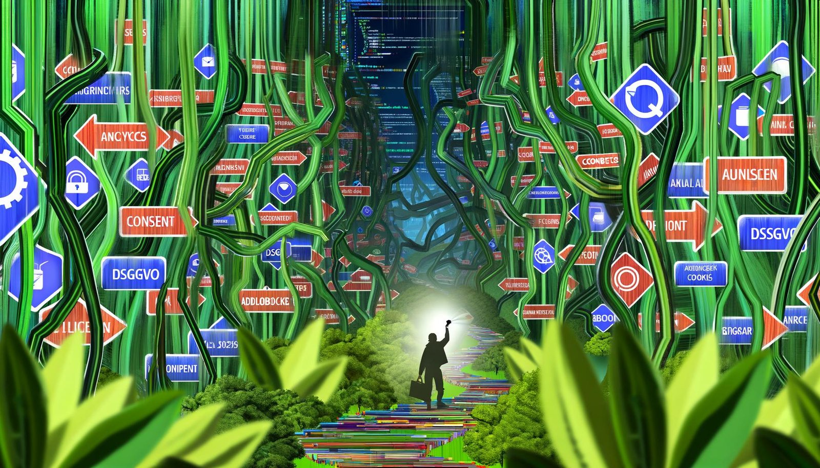 Stilisierte Dschungelszene aus digitalen Elementen wie Schaltkreise, Browserfenster, Analyse-Charts und Codes, mit einem IT-Explorer, der zwischen Warnschildern zu DSGVO, Consent, Adblocker und Privacy Sandbox navigiert. Browser-Logos werfen Schatten im Hintergrund.