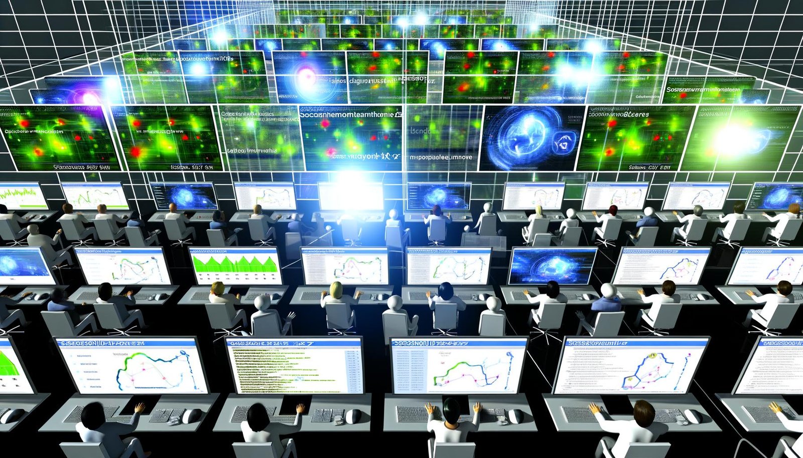 Top-Down-Ansicht einer digitalen Marketing-Steuerzentrale mit Marketers, die Echtzeitdaten auf Monitoren verfolgen, um Nutzerinteraktionen, Heatmaps und Sitzungsanalysen auszuwerten.