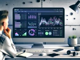 Minimalistisches Computer-Setup mit großem Bildschirm, auf dem das Shopify Analytics Dashboard mit bunten Diagrammen und Statistiken angezeigt wird. Im Vordergrund sitzt eine Person mit Notizblock und Stift.