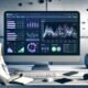 Minimalistisches Computer-Setup mit großem Bildschirm, auf dem das Shopify Analytics Dashboard mit bunten Diagrammen und Statistiken angezeigt wird. Im Vordergrund sitzt eine Person mit Notizblock und Stift.