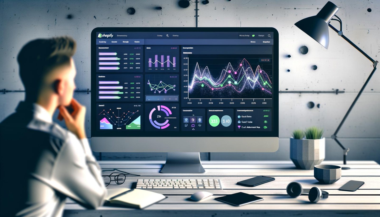 Minimalistisches Computer-Setup mit großem Bildschirm, auf dem das Shopify Analytics Dashboard mit bunten Diagrammen und Statistiken angezeigt wird. Im Vordergrund sitzt eine Person mit Notizblock und Stift.
