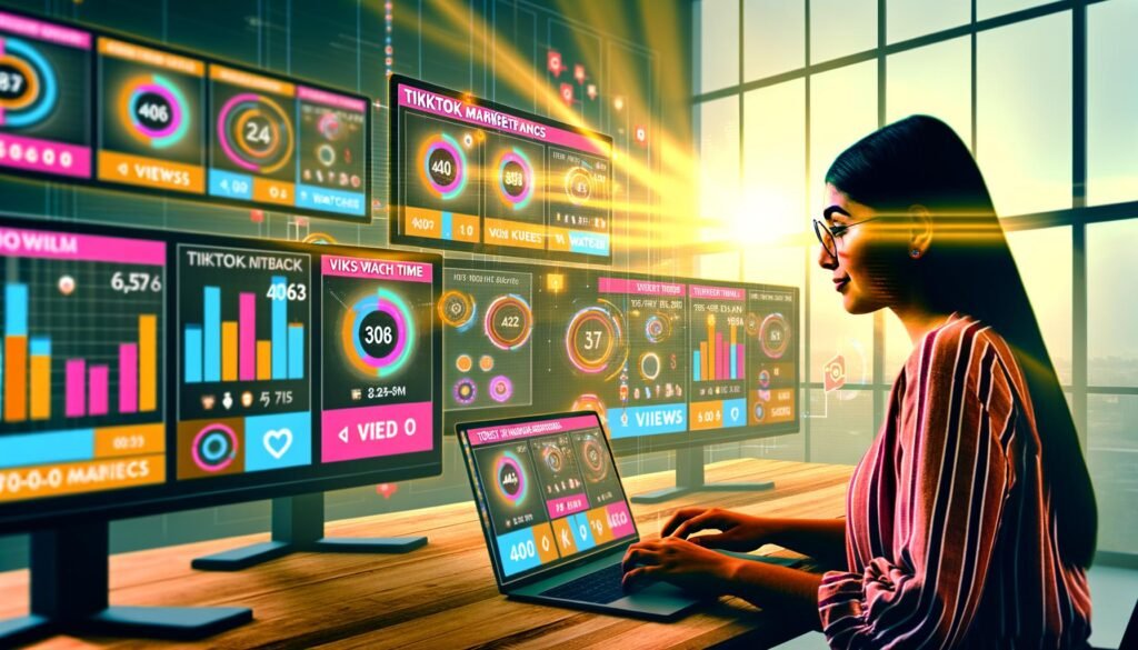 Junge Marketerin analysiert TikTok-Daten auf mehreren Monitoren mit Dashboards für Views, Watch Time und Engagement-Rate im modernen Büro.