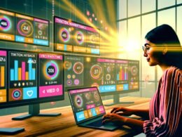 Junge Marketerin analysiert TikTok-Daten auf mehreren Monitoren mit Dashboards für Views, Watch Time und Engagement-Rate im modernen Büro.