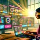Junge Marketerin analysiert TikTok-Daten auf mehreren Monitoren mit Dashboards für Views, Watch Time und Engagement-Rate im modernen Büro.