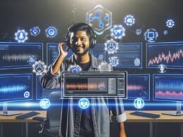 Futuristischer Arbeitsplatz mit digitalen Dashboards, Marketer mit Kopfhörern am Mikrofon, und Symbolen für Automation und Tracking.